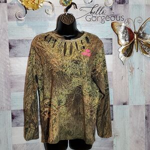 Mossy Oak Brush Camo Ripped Upcycled LS Blouse Sz L OOAK